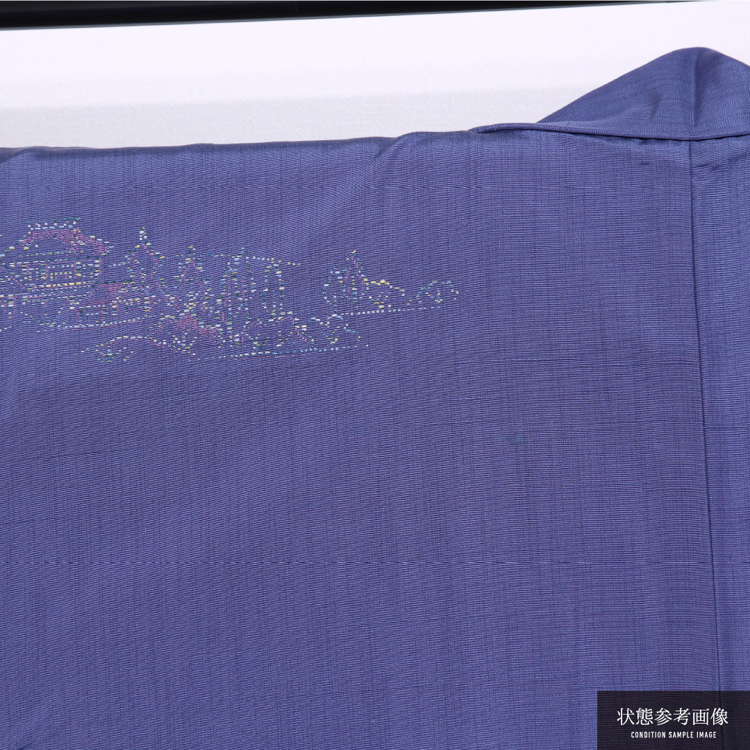 紬 袷 身丈160cm 裄丈63cm 正絹 Cランク カジュアル 広衿 Lサイズ 経総絣 風景柄 建物 紫系 LP 1223-11565
