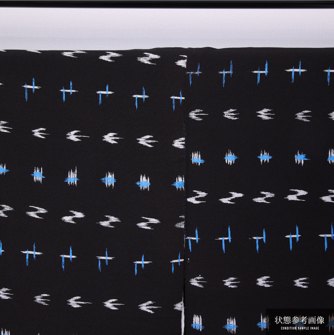 小紋 袷 身丈148cm 裄丈63cm 正絹 Cランク インフォーマル バチ衿 XSサイズ 絣柄 黒系 HP 1221-11438