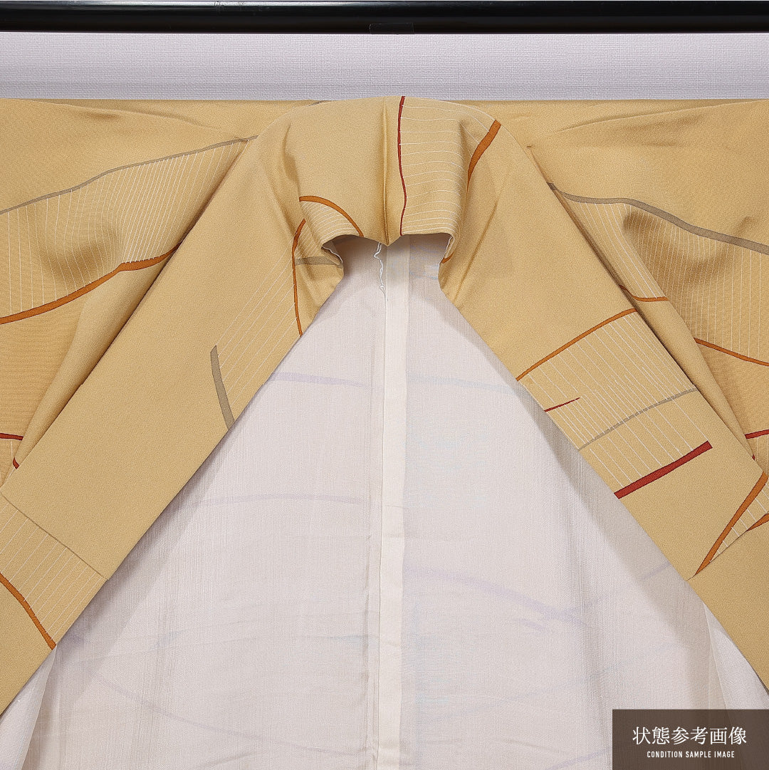 小紋 袷 身丈159cm 裄丈66cm 正絹 Cランク インフォーマル 広衿 Mサイズ 創作柄 黄系 LP 1221-11281