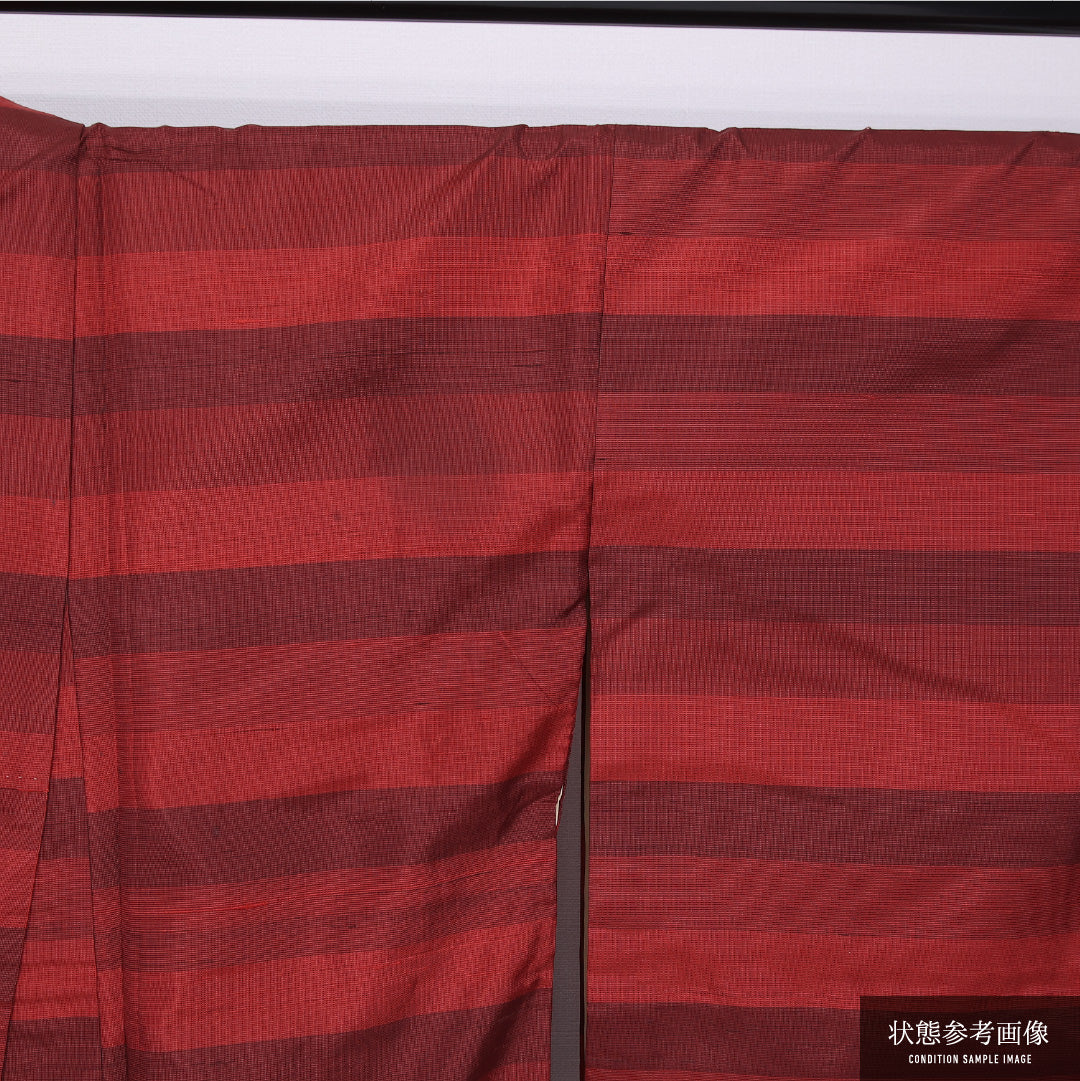 紬 袷 身丈160cm 裄丈66cm 正絹 Cランク カジュアル 広衿 Lサイズ 縞 赤系 HP 1223-11842