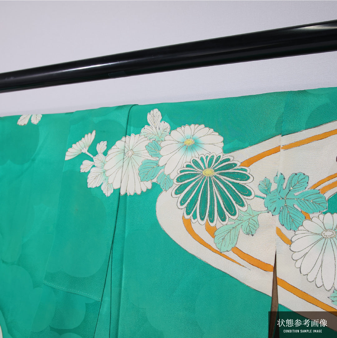 アンティーク 訪問着 袷 身丈162cm 裄丈63cm 正絹 Cランク 一つ紋 (上がり藤に扇子) 広衿 Lサイズ 金駒刺繍 流水 菊 緑系 RP 1217-11687