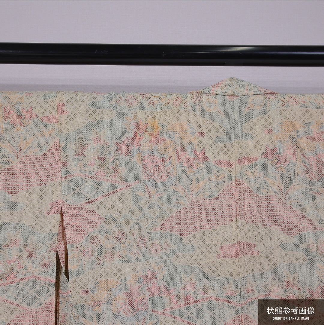小紋 単衣 身丈155cm 裄丈64cm 正絹 Cランク インフォーマル 広衿 Mサイズ 花園 ベージュ系 LP 1221-11778