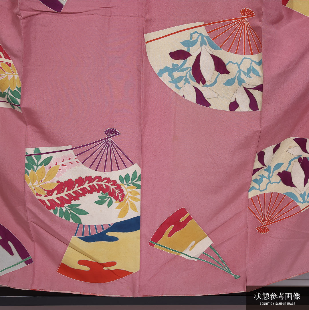 アンティーク 小紋 袷 身丈152cm 裄丈64cm 正絹 Cランク バチ衿 Sサイズ 扇 ピンク系 M4 1221-11814
