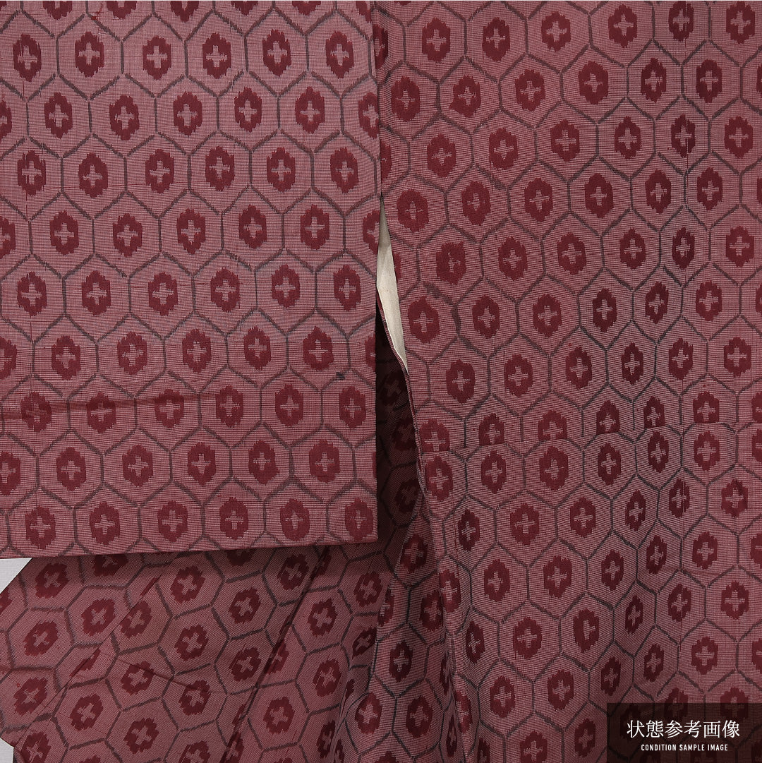 紬 袷 身丈144cm 裄丈63cm 正絹 Cランク カジュアル バチ衿 XSサイズ 亀甲 赤系 LP 1223-12007