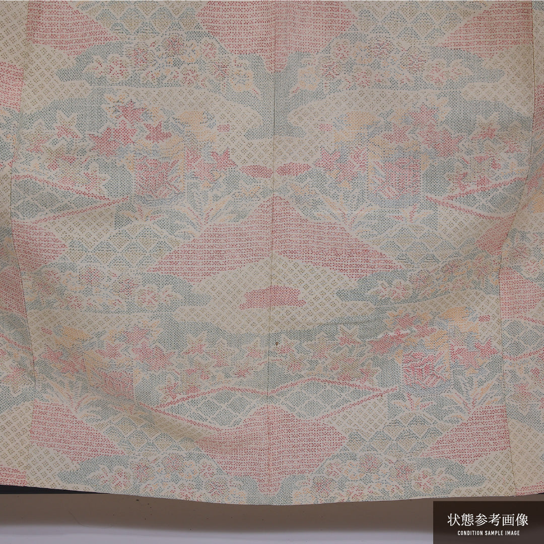 小紋 単衣 身丈155cm 裄丈64cm 正絹 Cランク インフォーマル 広衿 Mサイズ 花園 ベージュ系 LP 1221-11778