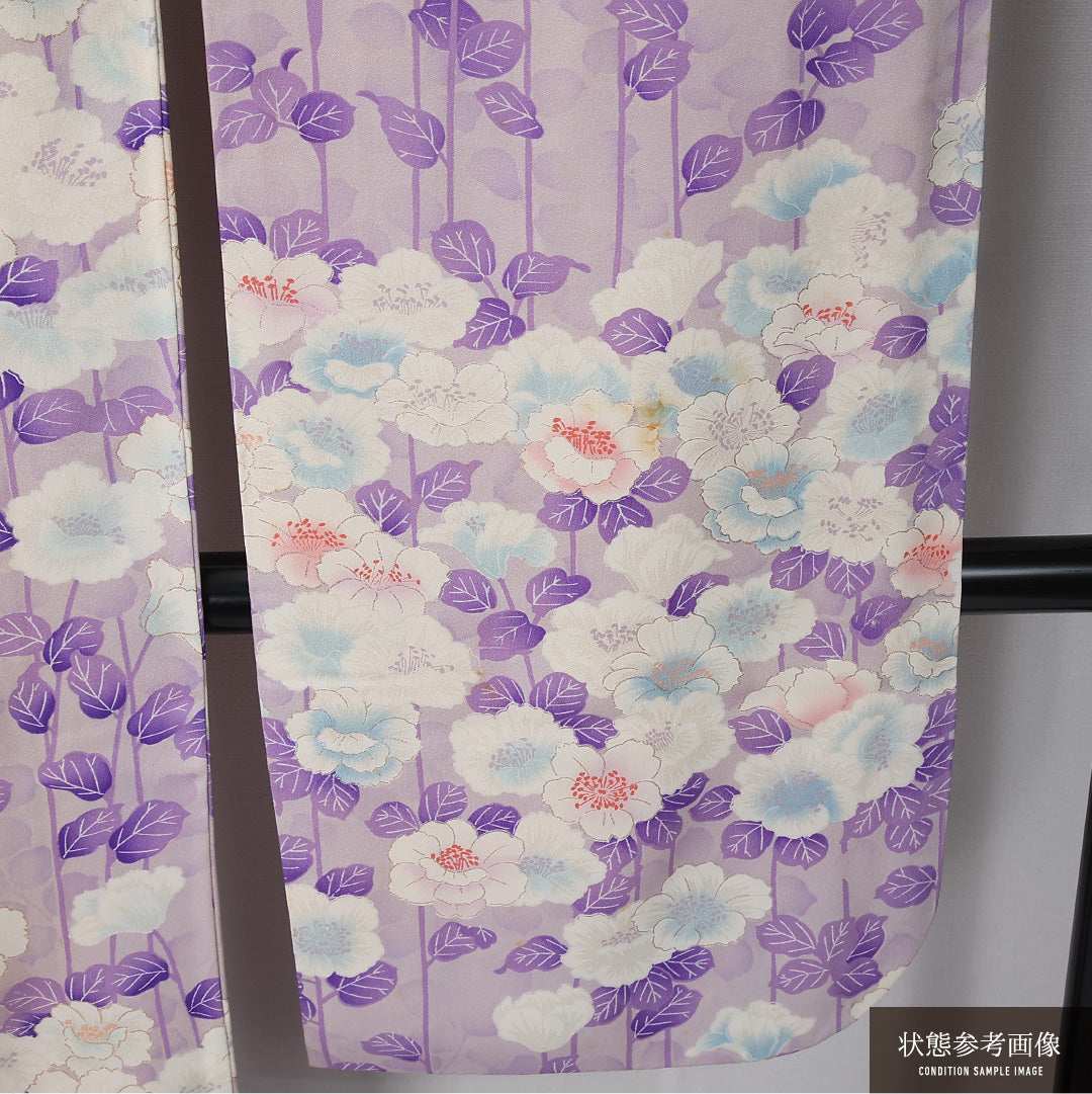 振袖 身丈160cm 裄丈63.5cm Cランク 正絹 袷 広衿 L 銀駒刺繍 牡丹 フォーマル 独創的 華やか 紫系 1213-F0481
