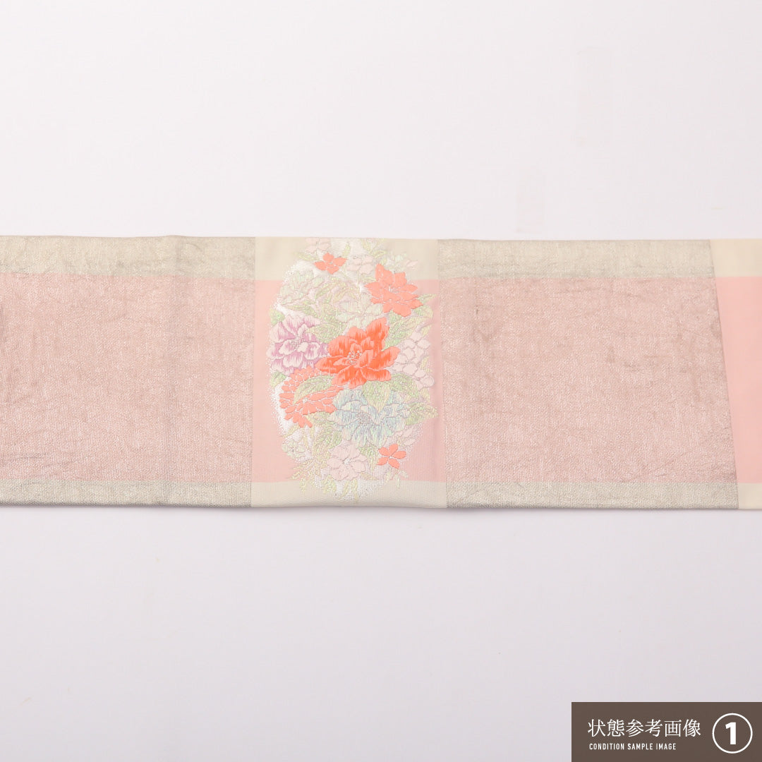 九寸名古屋帯 Bランク 帯丈367cm 正絹 ポイント柄 名古屋仕立て 織り セミフォーマル 唐華 丸文 クリーム系・銀系 RP 1245-02315