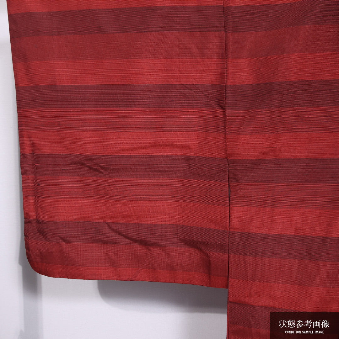 紬 袷 身丈160cm 裄丈66cm 正絹 Cランク カジュアル 広衿 Lサイズ 縞 赤系 HP 1223-11842