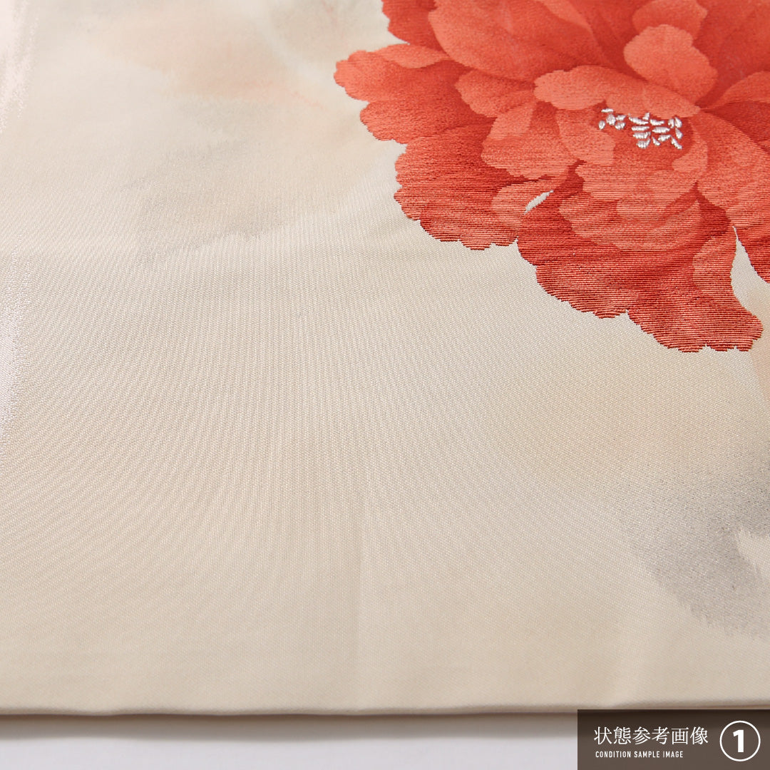 九寸 名古屋帯 帯丈354cm 名古屋仕立て ポイント柄 Aランク カジュアル 正絹 綴れ織 牡丹 上品 優しい ピンク系 1224-02940