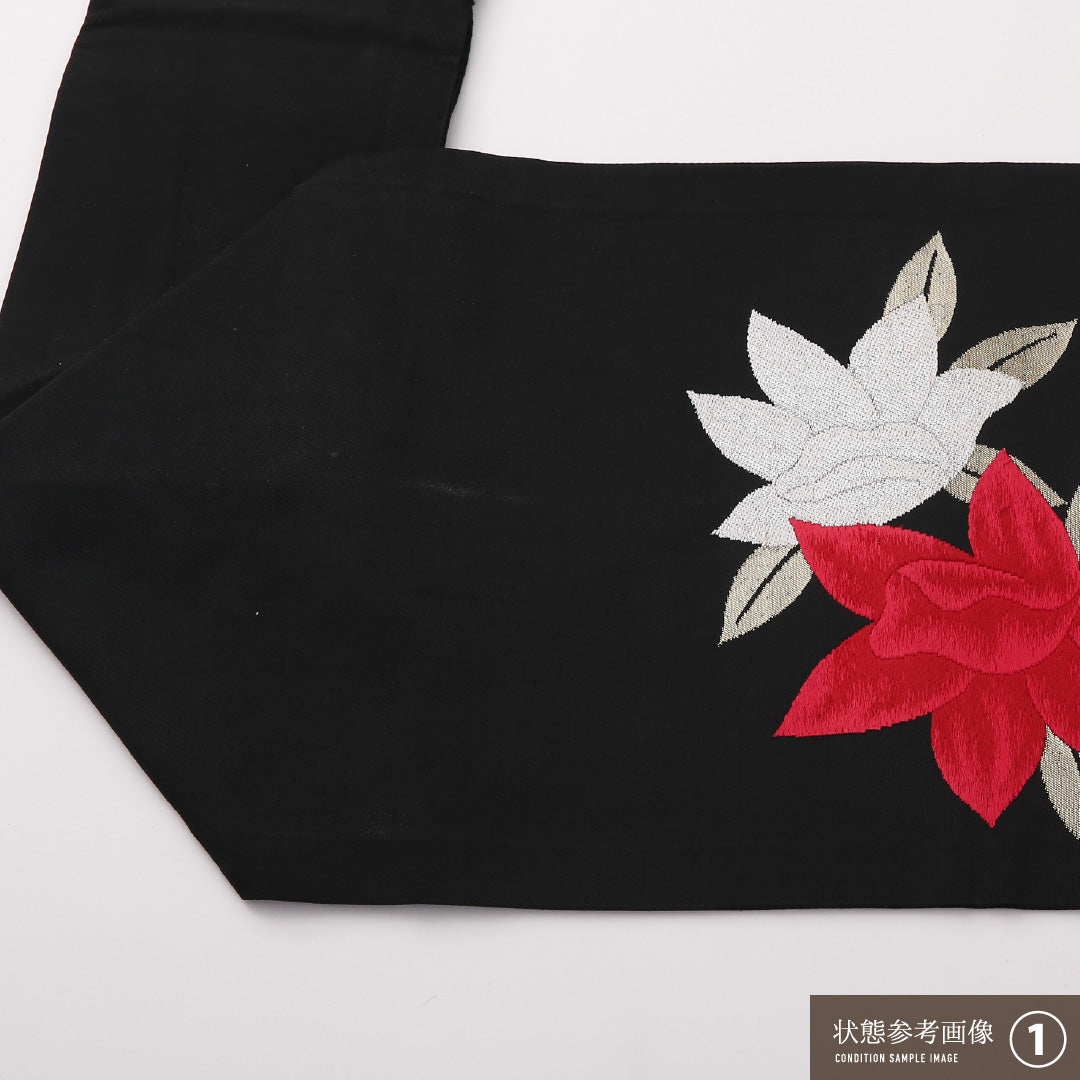 九寸名古屋帯 Bランク 帯丈321cm 正絹 ポイント柄 名古屋仕立て 織り インフォーマル 鉄線 黒系 RP 1245-02244