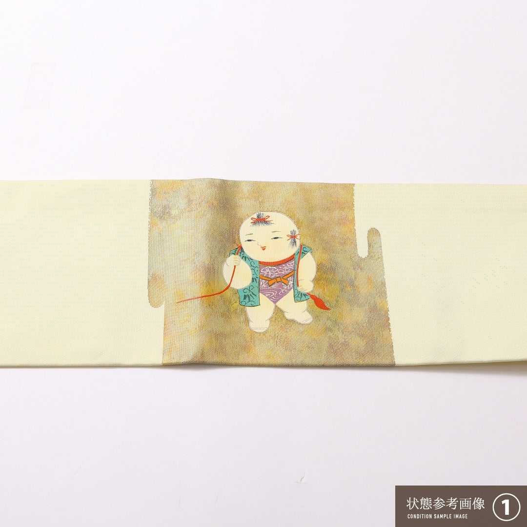九寸名古屋帯 Bランク 帯丈364cm 正絹 ポイント柄 名古屋仕立て 織り・染め セミフォーマル 花車 唐子 クリーム系 RP 1245-02982