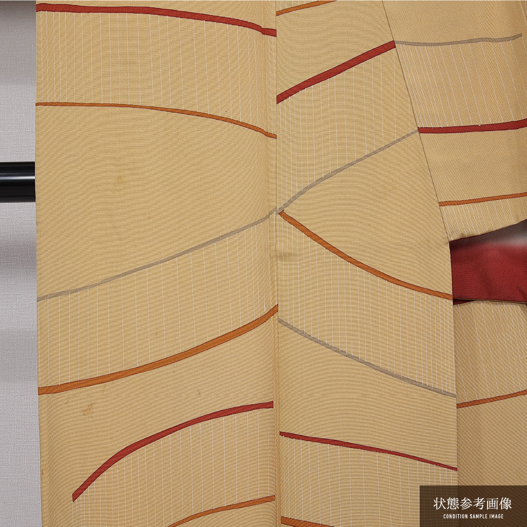 小紋 袷 身丈159cm 裄丈66cm 正絹 Cランク インフォーマル 広衿 Mサイズ 創作柄 黄系 LP 1221-11281