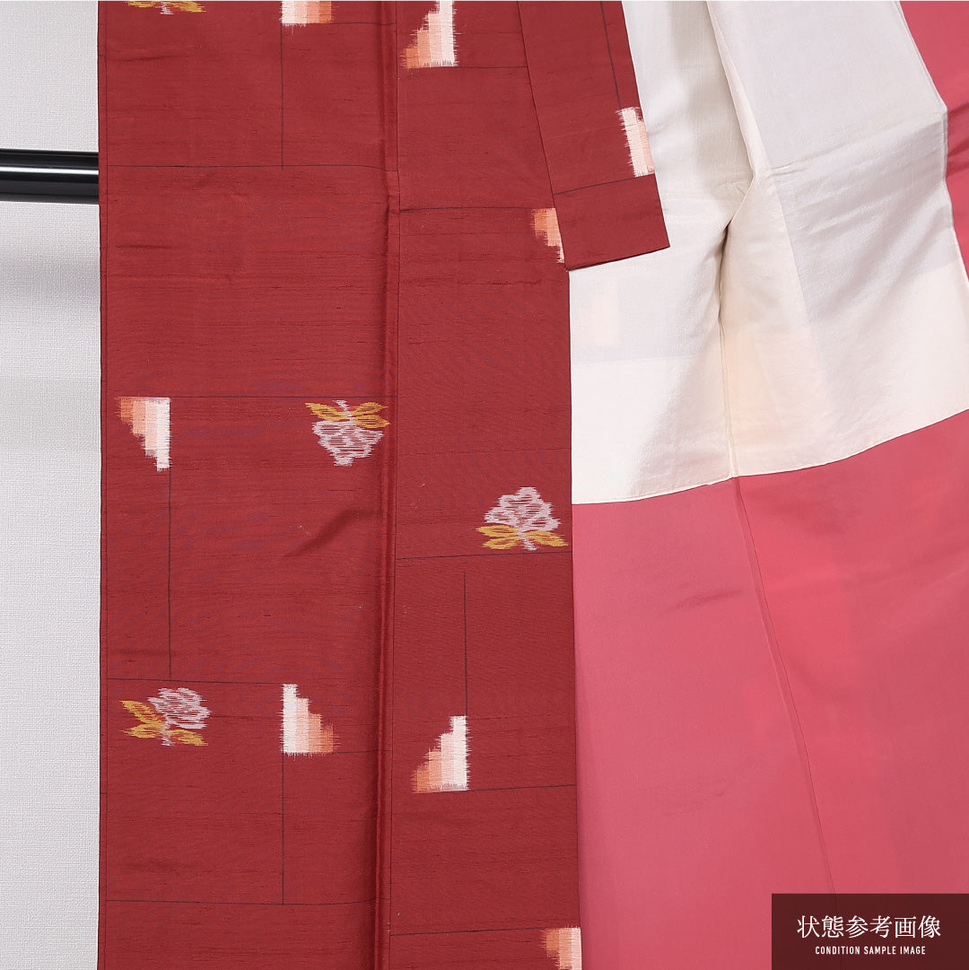 アンティーク 銘仙の着物 袷 身丈160cm 裄丈62cm 正絹 Cランク バチ衿 Lサイズ 花柄 朱系 RP 1223-11318