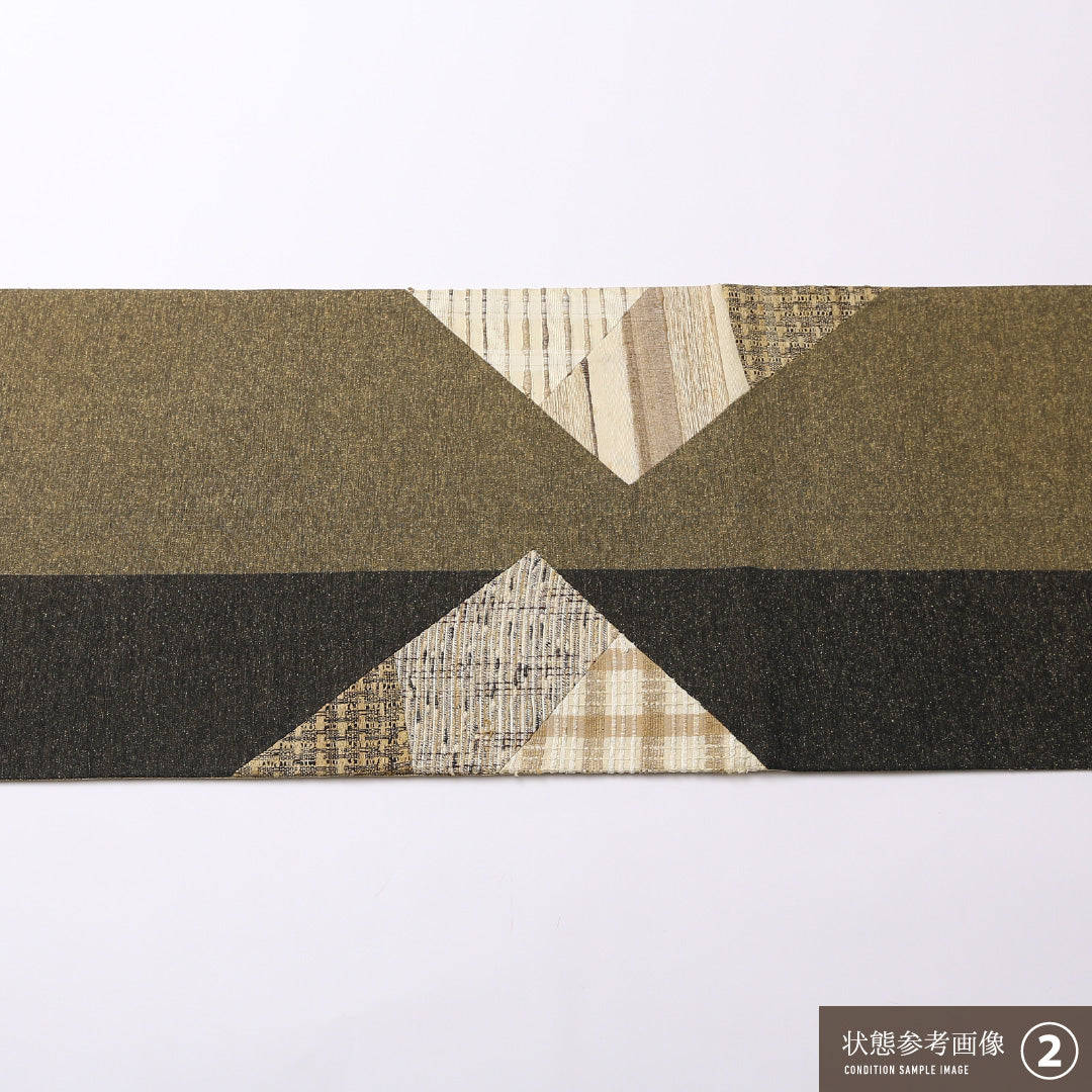 袋帯(切嵌め) 帯丈444cm 正絹 ポイント柄 リバーシブル カジュアル 創作柄 ガード加工 緑系 黒系 1243-01492