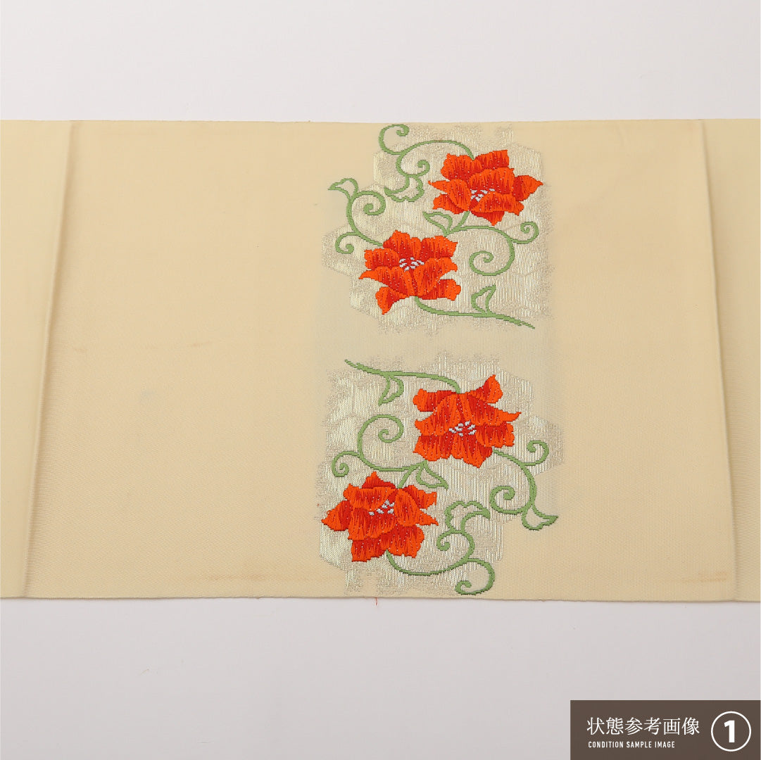 八寸名古屋帯 Aランク 帯丈342cm 正絹 ポイント柄 松葉仕立て 帯芯なし 織り インフォーマル 唐草華文 亀甲 クリーム系 RP 1245-02275