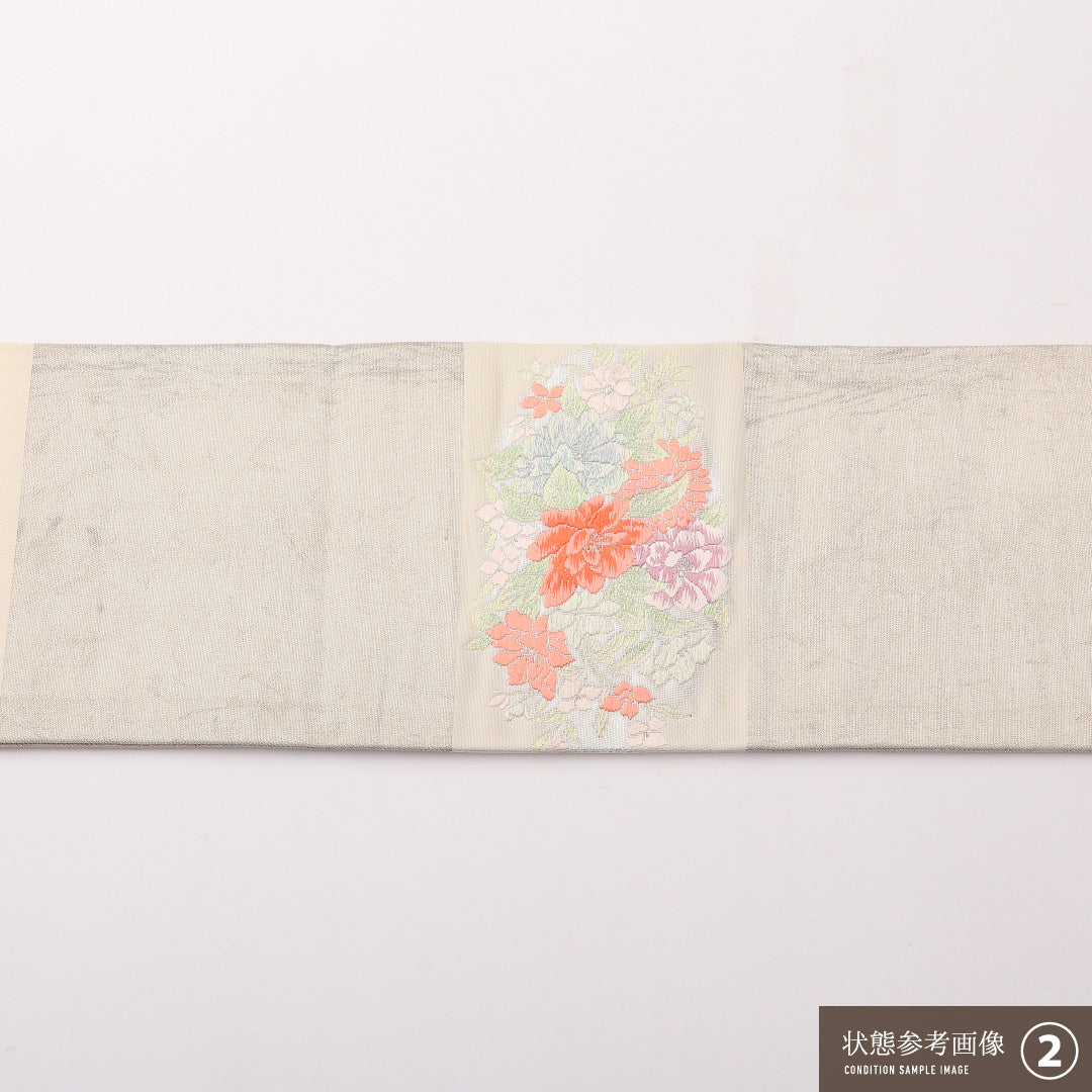 九寸名古屋帯 Bランク 帯丈367cm 正絹 ポイント柄 名古屋仕立て 織り セミフォーマル 唐華 丸文 クリーム系・銀系 RP 1245-02315