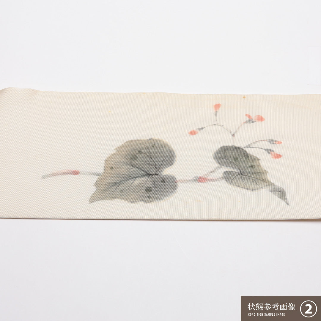 九寸名古屋帯 Bランク 帯丈364cm 正絹 ポイント柄 名古屋仕立て 染め インフォーマル 落款 塩瀬 植物柄 白系 RP 1245-01807