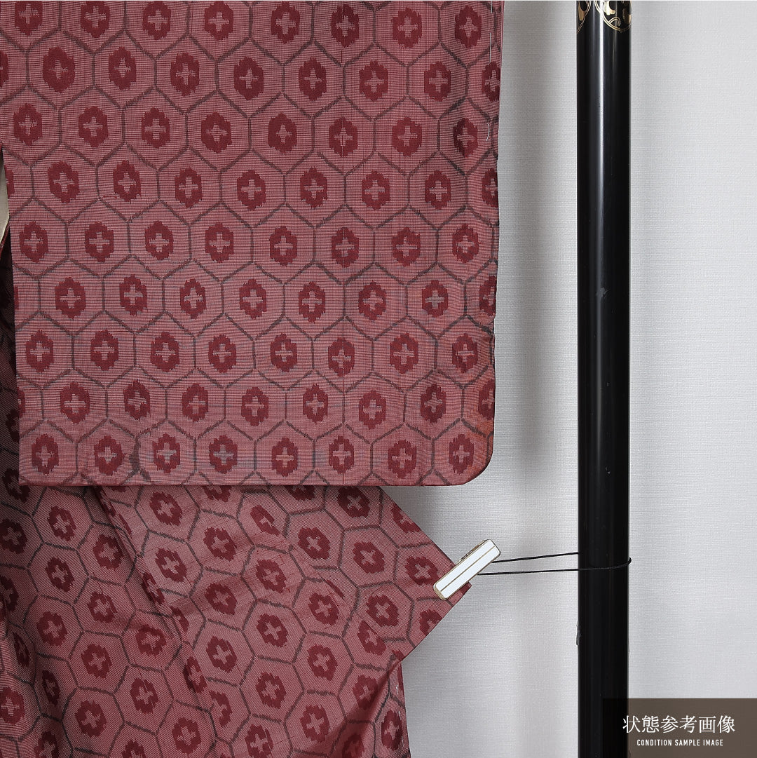 紬 袷 身丈144cm 裄丈63cm 正絹 Cランク カジュアル バチ衿 XSサイズ 亀甲 赤系 LP 1223-12007