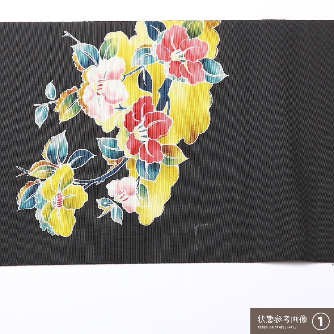 八寸名古屋帯 Bランク 帯丈348cm 正絹 ポイント柄 松葉仕立て 染め インフォーマル 塩瀬 京紅型 椿 黒系 RP 1245-02502