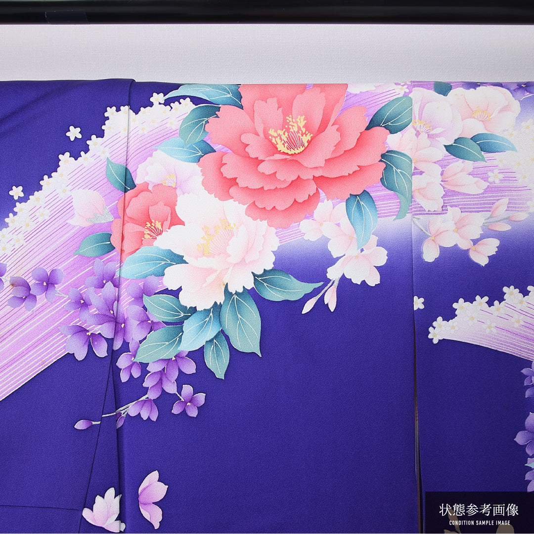振袖 身丈157cm 裄丈63cm Cランク 袷 正絹 L 広衿 エレガント 牡丹 花柄 友禅 紫系 1213-F0440