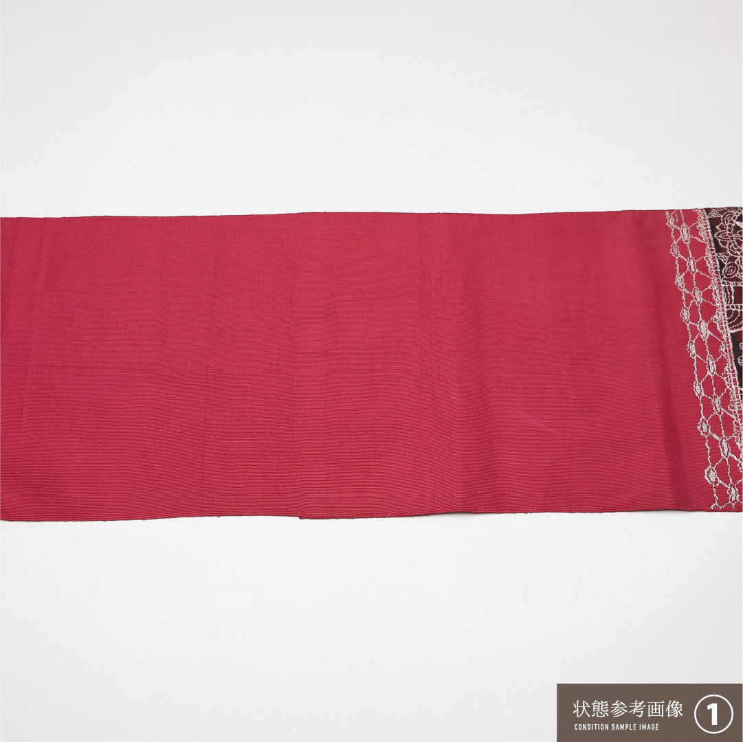 八寸名古屋帯 Aランク 帯丈330cm 正絹 ポイント柄 松葉仕立て 織り カジュアル 創作柄 赤系 LP 1245-01644
