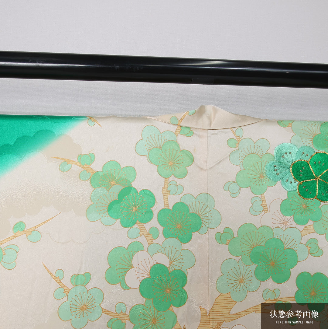 振袖 身丈149cm 裄丈65cm Cランク 正絹 袷 広衿 XS 金駒刺繍 梅 フォーマル 独創的 爽やか クリーム系 緑系 1213-F0464