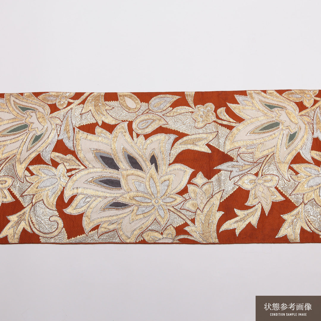 アンティーク 袋帯 帯丈400cm 正絹 六通 唐草華文 朱系 1243-01419