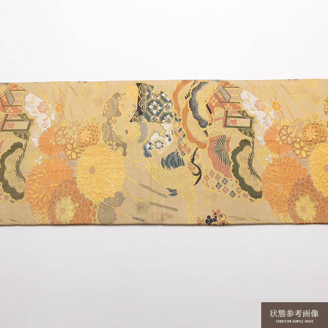 アンティーク 袋帯 帯丈380cm 正絹 六通 御所車 吉祥文様 ベージュ系 1243-01417