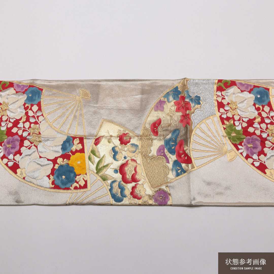袋帯 帯丈408cm 正絹 全通 帯端のみ未仕立て フォーマル 花扇 銀系 1243-01421