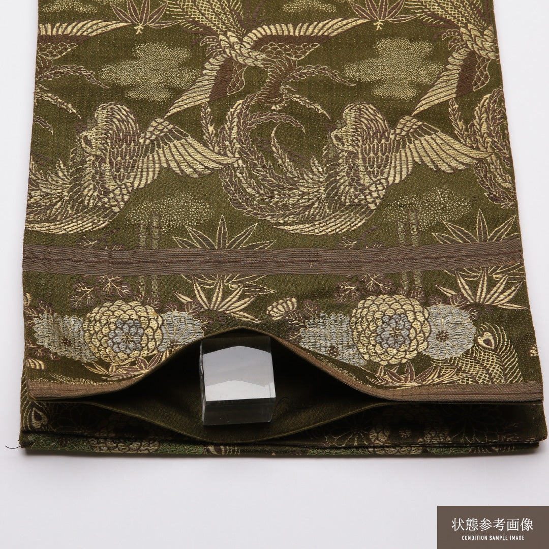 アンティーク 丸帯 帯丈388cm 正絹 全通 尾長鳥 菊 笹 緑系 1242-01364