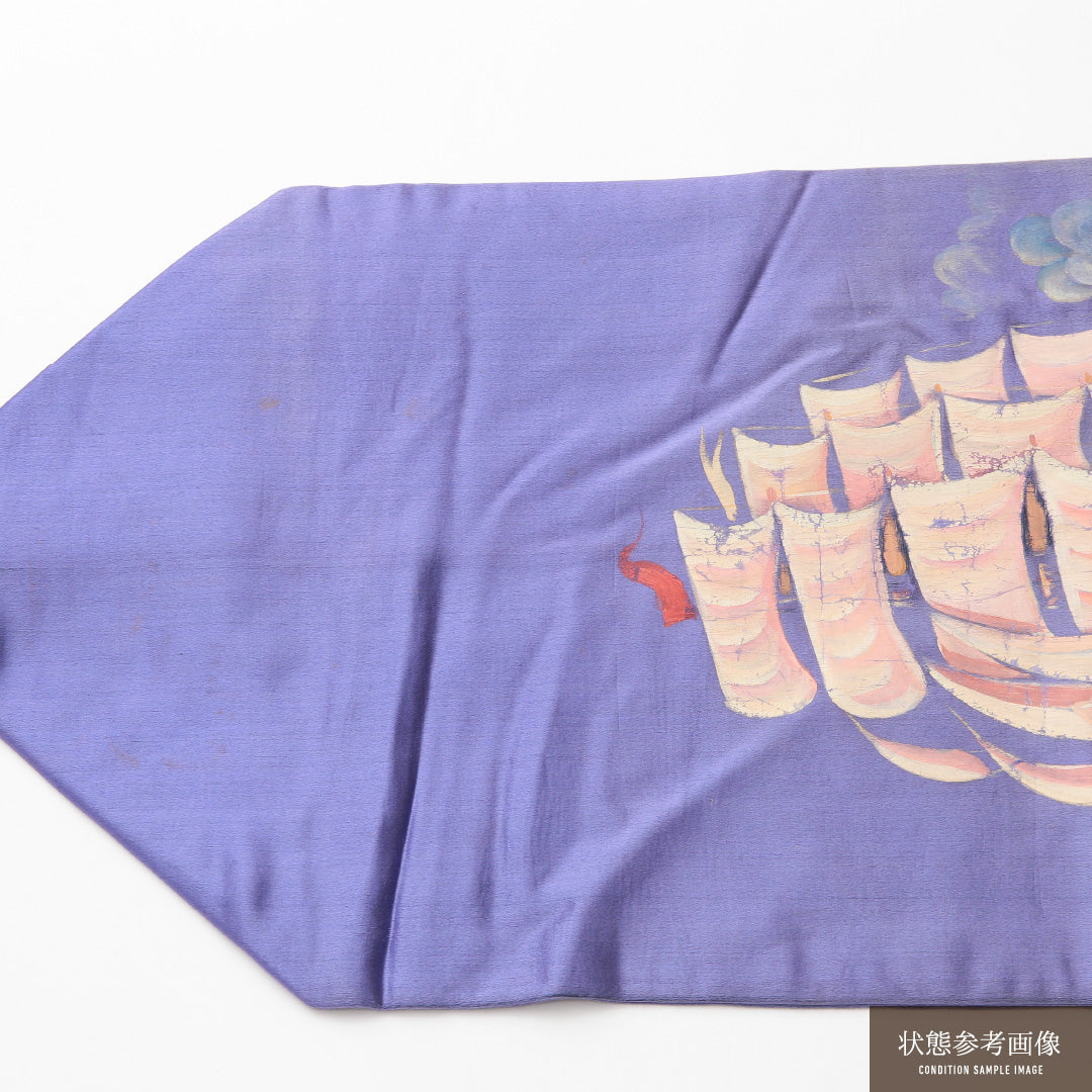アンティーク 名古屋帯 ポイント柄 帯丈365cm Cランク 正絹 ペンテ帯 綸子 船 紫系 1224-02136