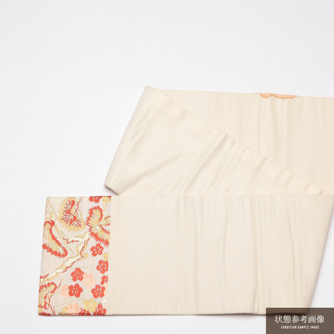 アンティーク 九寸名古屋帯 帯丈329cm 正絹 六通 名古屋仕立て 織り 牡丹 松 楓 金系 RP 1245-01750