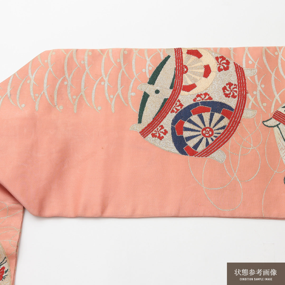 アンティーク 名古屋帯 六通 帯丈322cm Cランク 正絹 繰り車 吉祥文様 ピンク系 1224-02133
