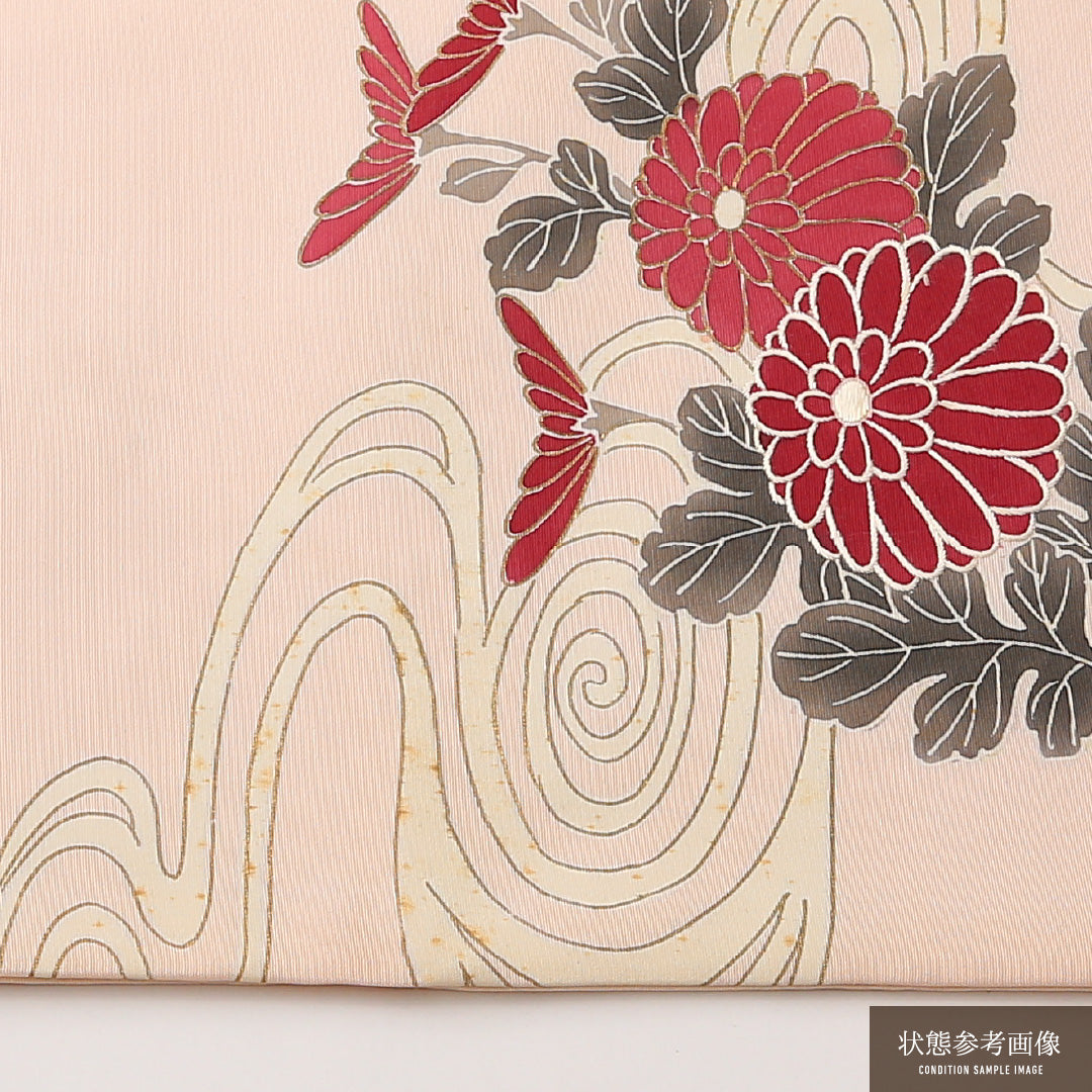 名古屋帯 ポイント柄 帯丈366cm カジュアル Cランク 正絹 塩瀬 菊 ピンク系 1224-02435