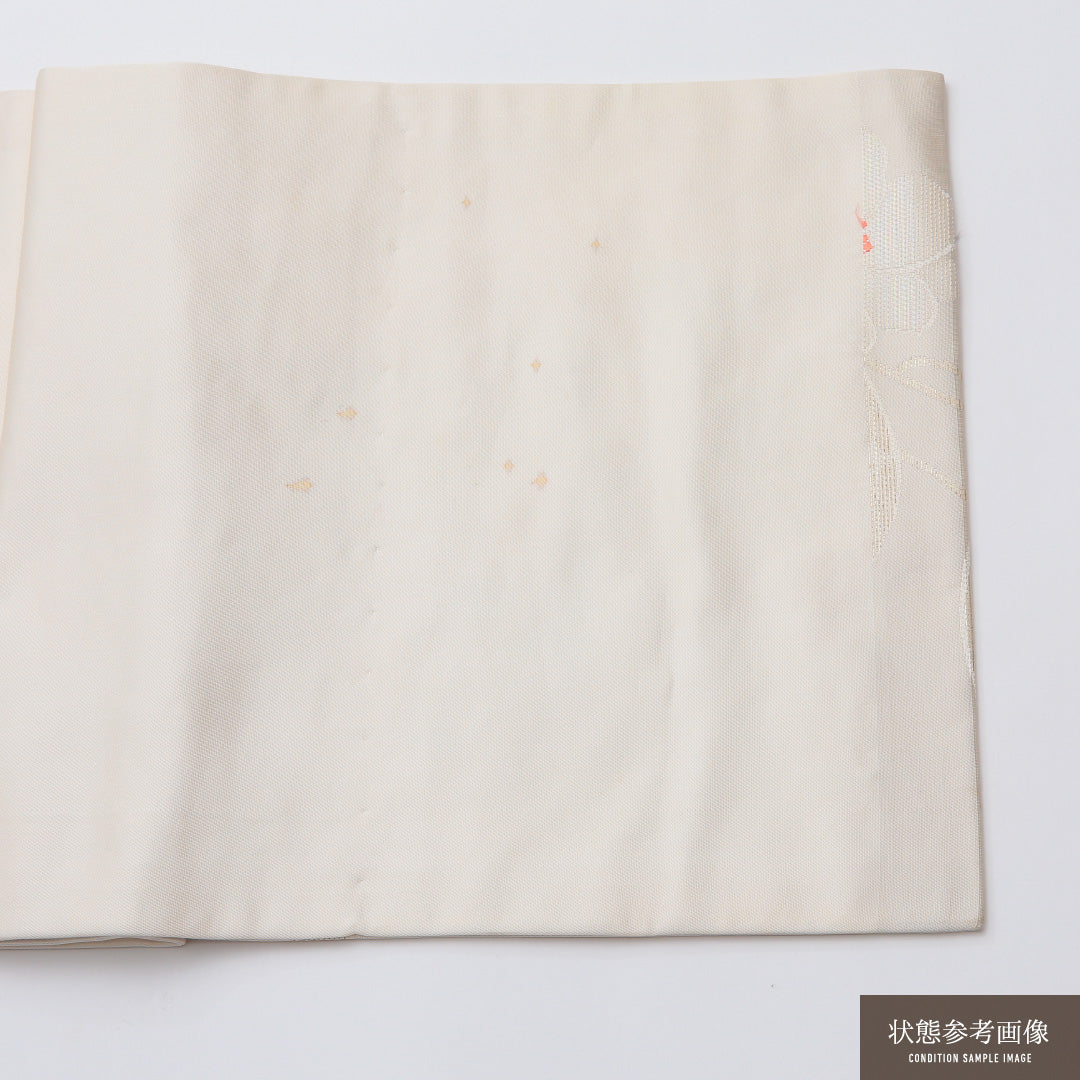 夏物 名古屋帯 六通 帯丈364cm カジュアル Cランク 正絹 椿 クリーム系 1224-02038