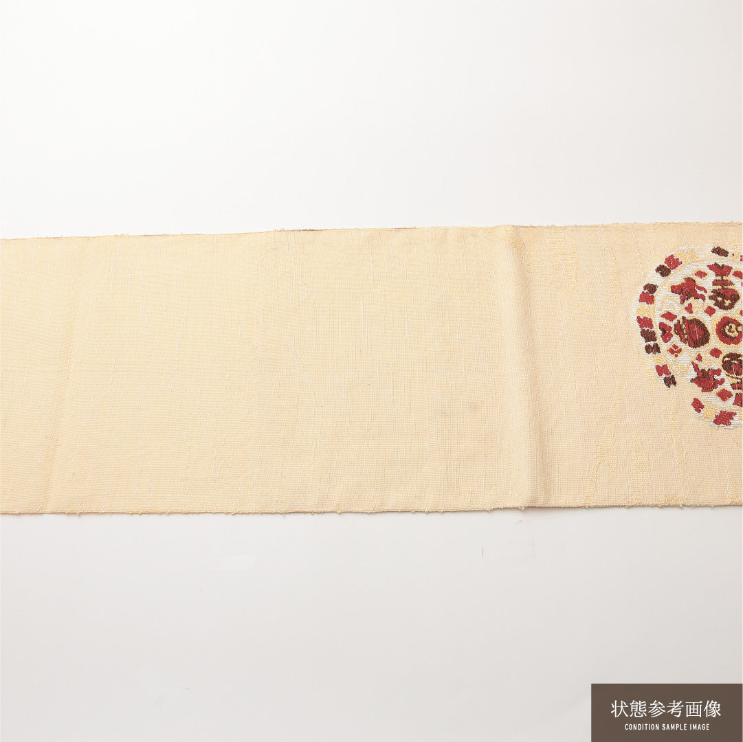 八寸名古屋帯 Cランク 帯丈365cm 正絹 ポイント柄 開き仕立て 織り カジュアル 紬 唐華 クリーム系 HP 1245-01985