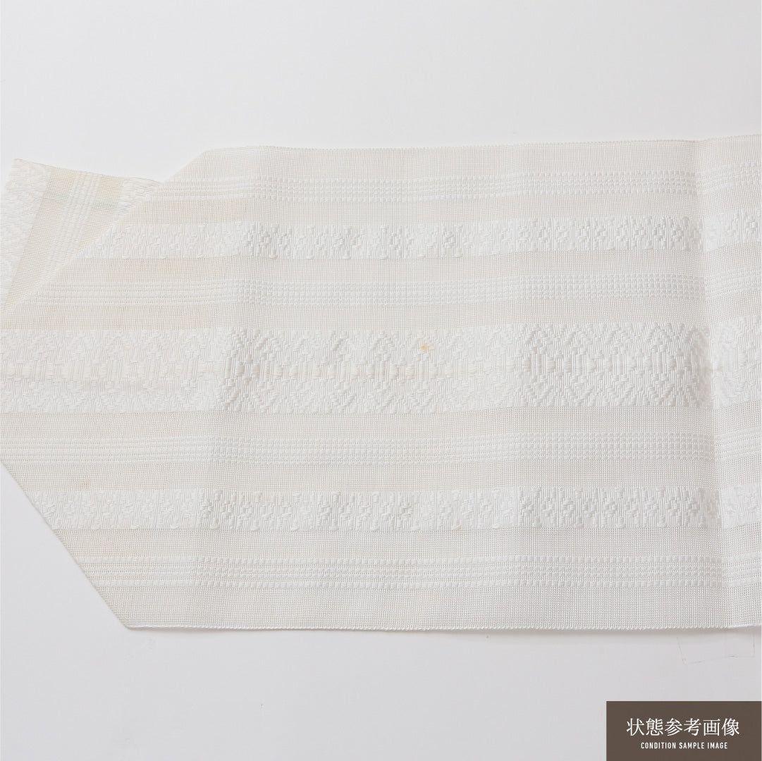 夏物 名古屋帯 全通 帯丈371cm カジュアル Cランク 正絹 献上柄 本場筑前博多織 白系 1224-02089