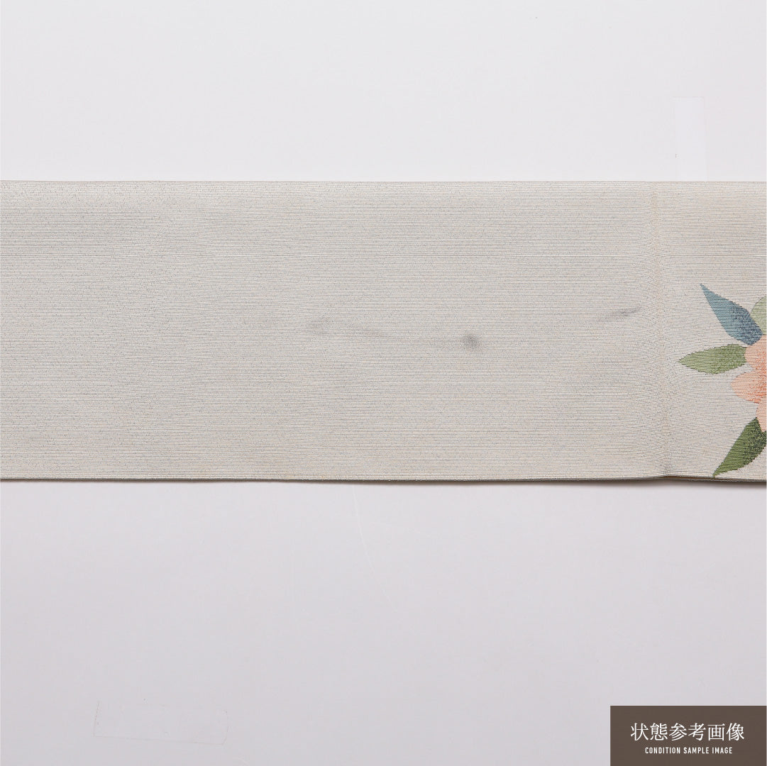 八寸名古屋帯 Cランク 帯丈342cm 正絹 ポイント柄 松葉仕立て 織り セミフォーマル 綴れ織 牡丹 クリーム系 RP 1245-01890