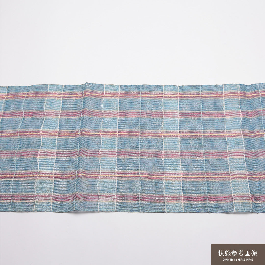 夏物 名古屋帯 帯丈358cm Cランク 松葉仕立て 全通 正絹 紗 格子 カジュアル 水色系 1224-01884