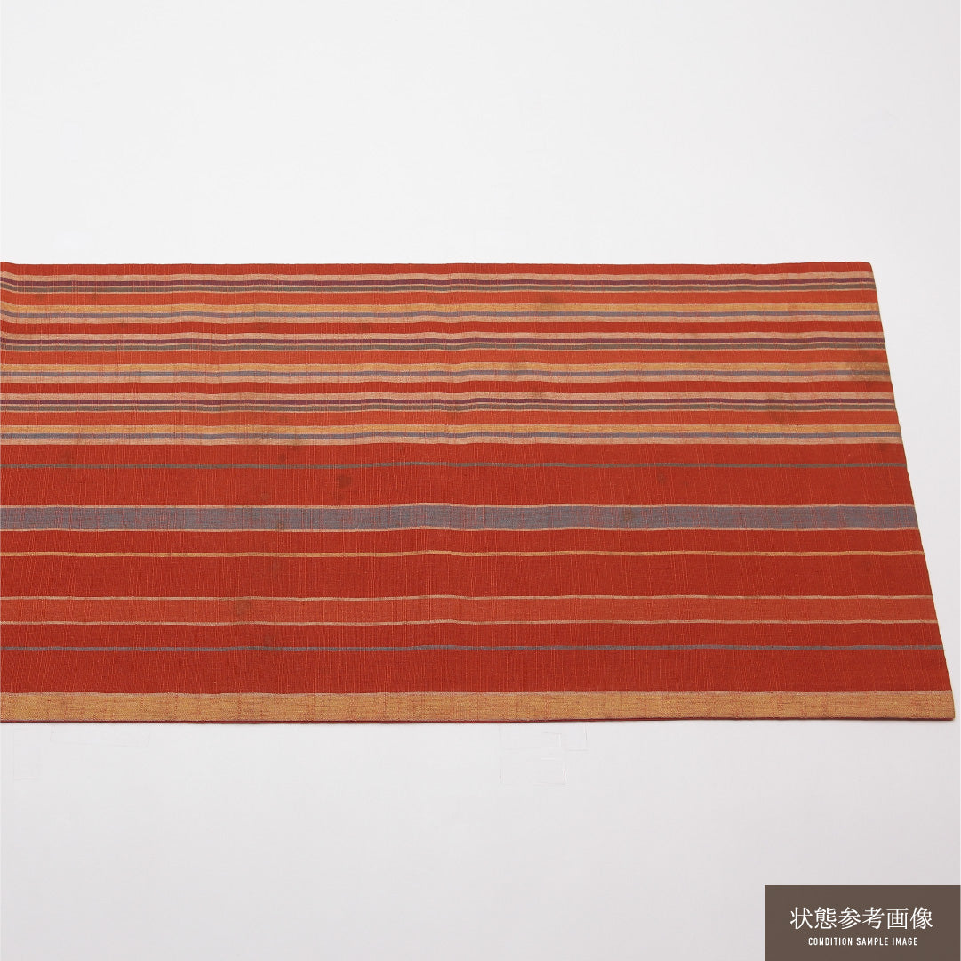 名古屋帯 帯丈352cm Cランク 開き仕立て 全通 正絹 遠州綿紬 紬 縞 カジュアル 朱系 1224-01945