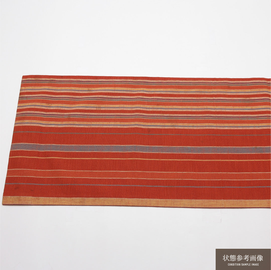 名古屋帯 帯丈352cm Cランク 開き仕立て 全通 正絹 遠州綿紬 紬 縞 カジュアル 朱系 1224-01945