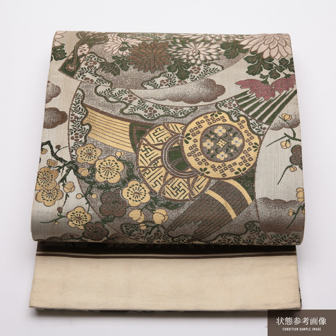 アンティーク 丸帯 帯丈394cm 正絹 全通 扇面文 鼓 雲取り 菊 グレー系 クリーム系 1242-01366