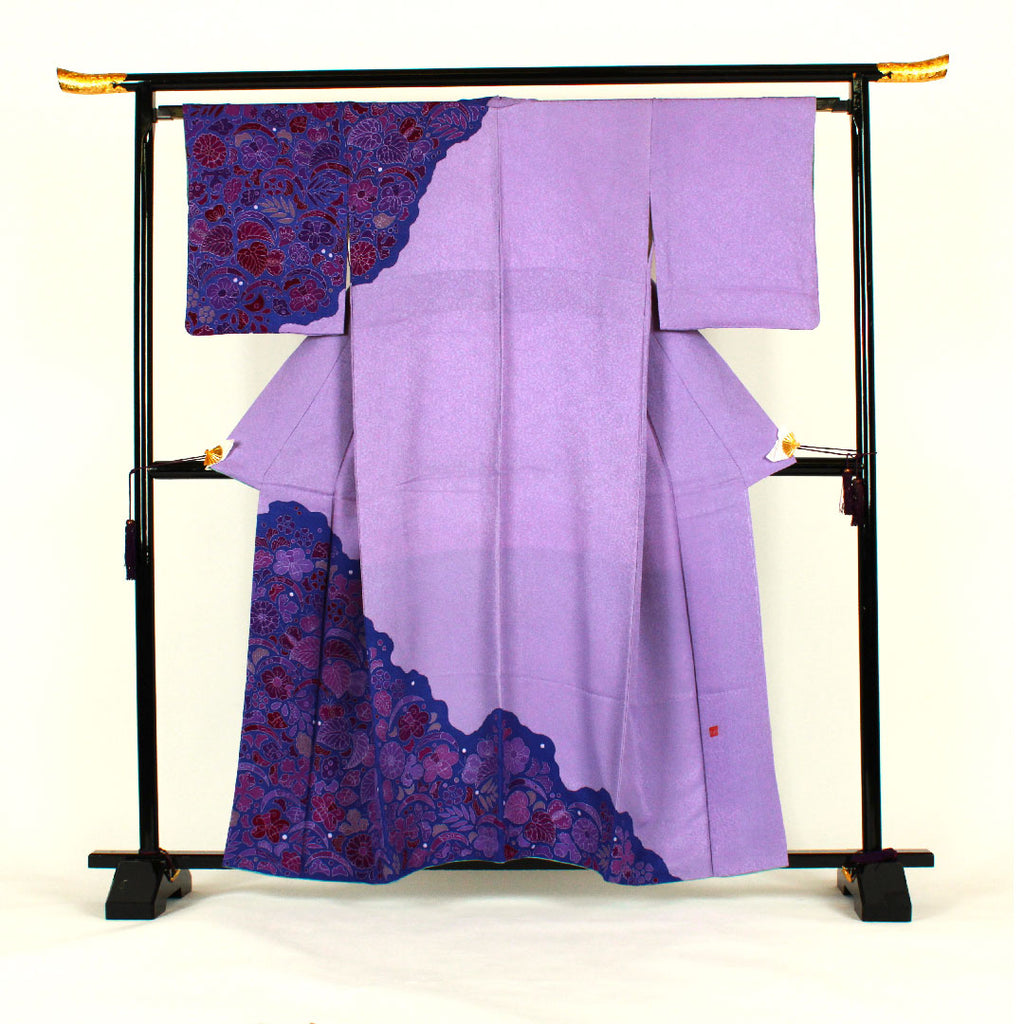 紬][色無地]正絹 紫色地 紋なし 袷 リサイクル着物 - 着物