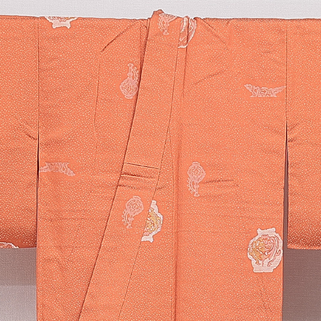 アンティーク お召 袷 身丈146cm 裄丈62cm 正絹 Aランク XSサイズ バチ衿 創作柄 朱系 1265-15974