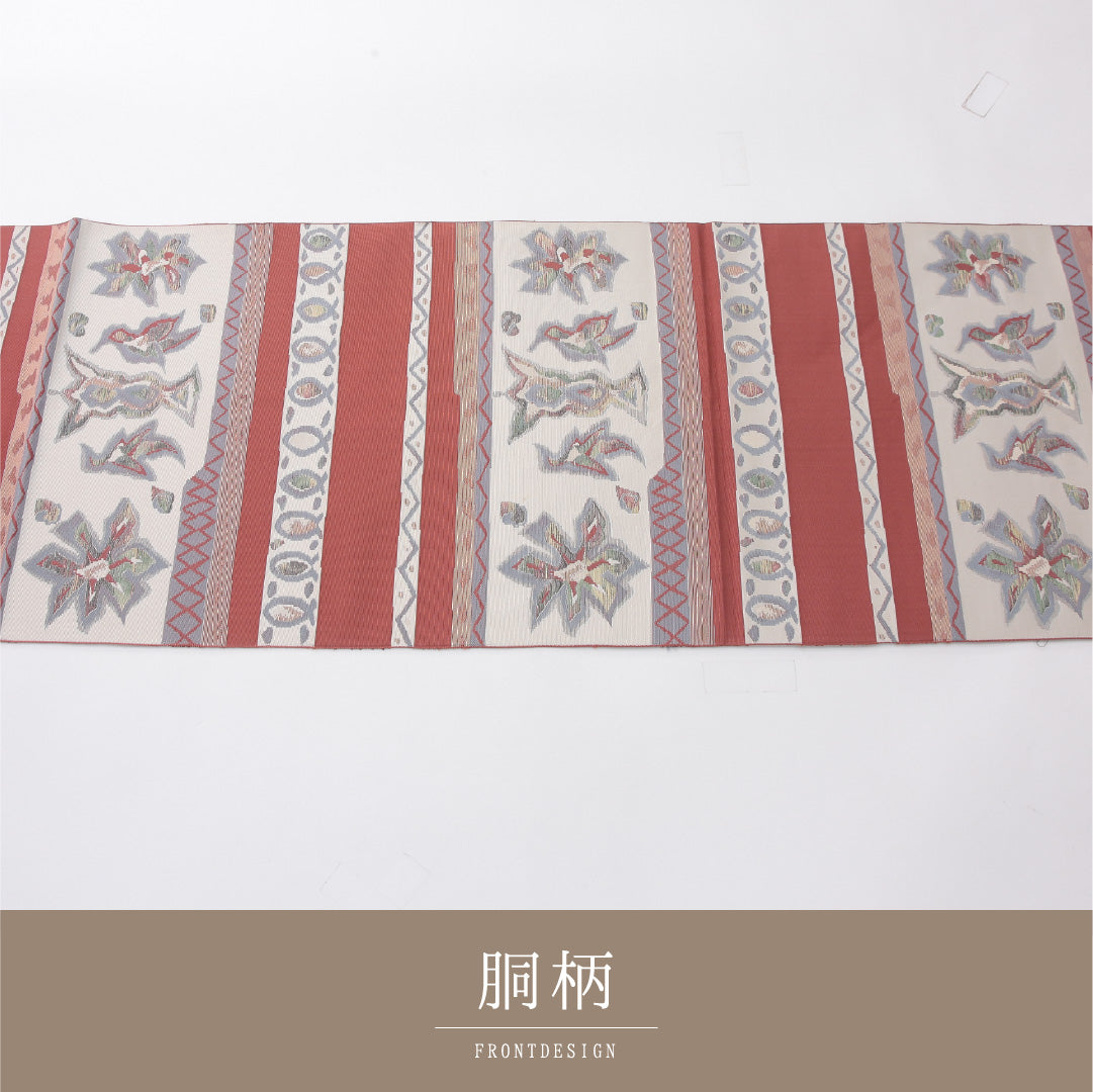 八寸名古屋帯 Aランク 帯丈356cm 正絹 六通 開き仕立て 織り カジュアル 創作柄 朱系 LP 1245-04092
