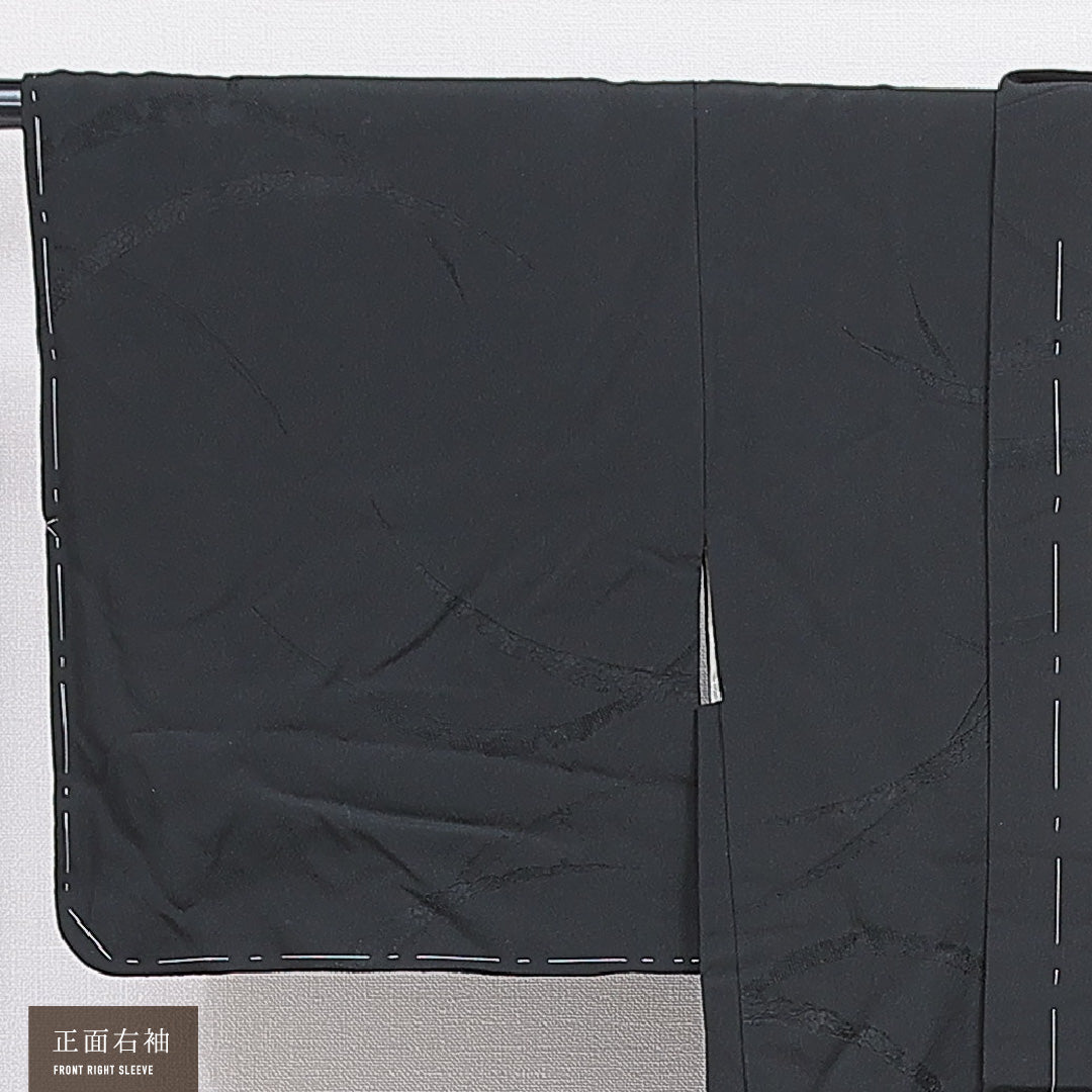 黒羽織 袷 身丈76cm 裄丈64cm 正絹 Sランク Mサイズ 一つ紋(五三桐) セミフォーマル 紋意匠 芝草 黒系 1217-16818