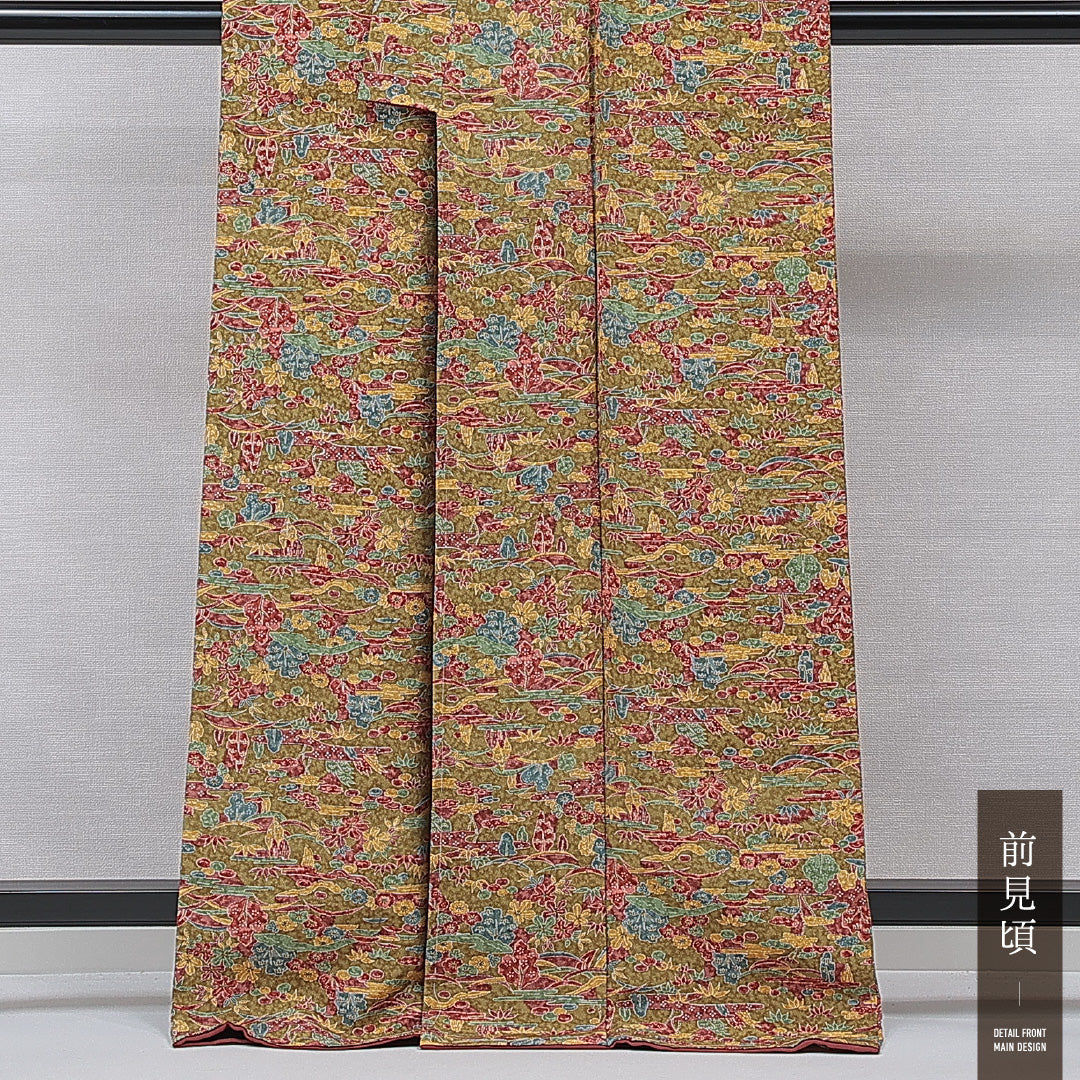 未使用品 小紋 袷 身丈156cm 裄丈64cm 正絹 Nランク インフォーマル バチ衿 Mサイズ 植物柄 緑系 RP 1221-15362