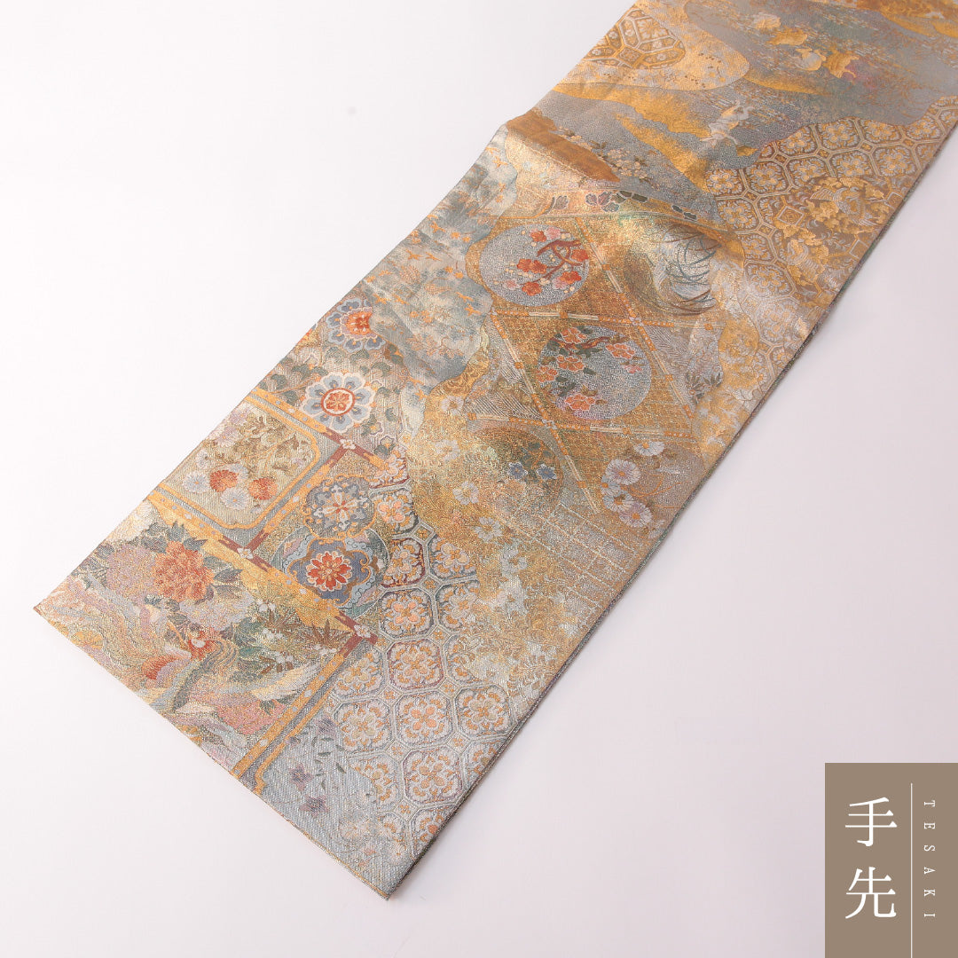 袋帯 帯丈456cm 正絹 全通 リバーシブル フォーマル 鏡裏文 格天井 金系 グレー系 1243-01842