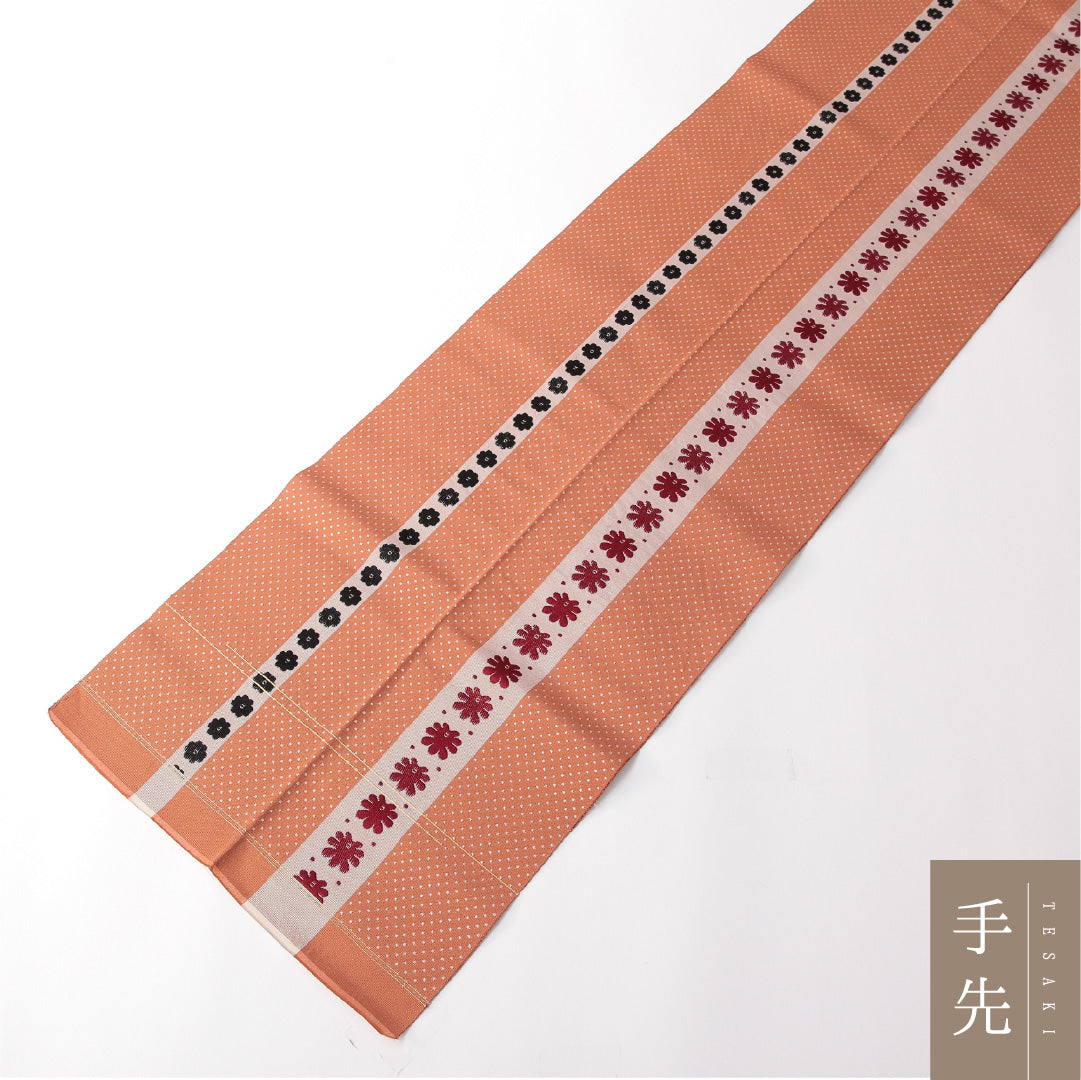 八寸名古屋帯 帯丈376cm カジュアル 開き仕立て 全通 Aランク 正絹 博多織 菊 朱系 1224-03166