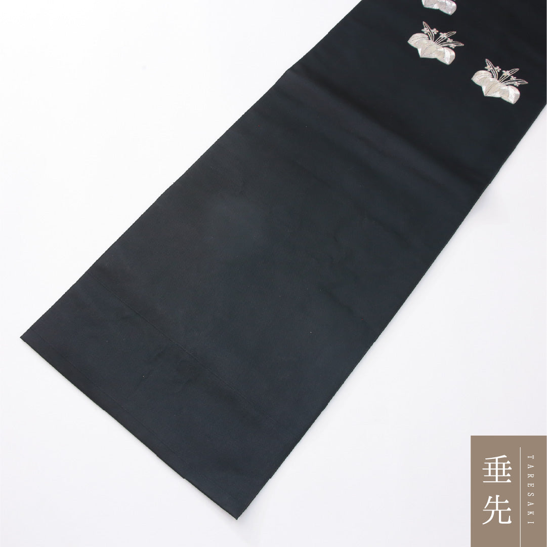 八寸名古屋帯 Aランク 帯丈336cm 正絹 ポイント柄 松葉仕立て 織り インフォーマル 桐 黒系 RP 1245-04151